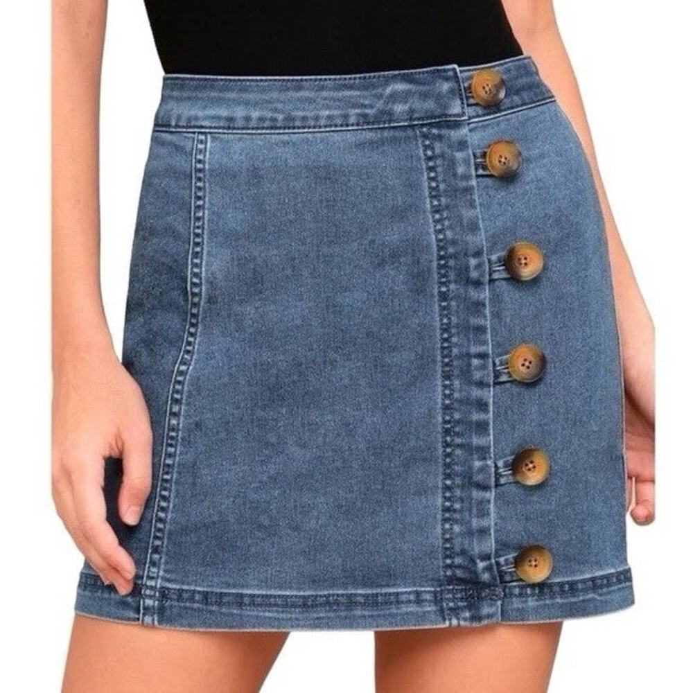 Free People “Little Daisies” Stretch Denim Button Mini Wrap Skirt Size 12
